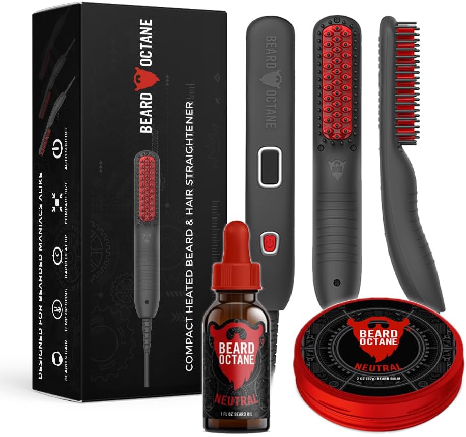 Beard Octane: Beard Straightener Smooth & Style Kit - Natural Beard Balm & Beard Oil w/Argan Oil - Unscented - Ceramic Heated Straightener Brush - Gift for Dad