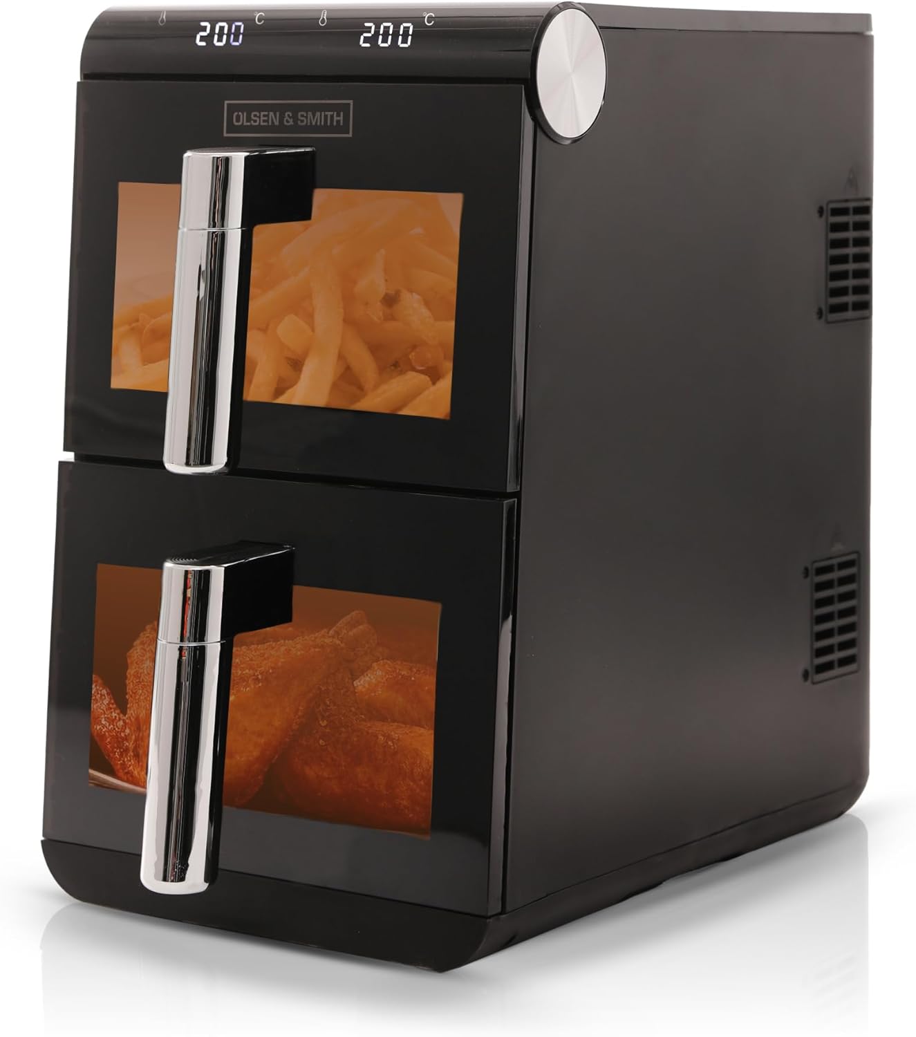 Olsen & Smith 11L Vertical Dual Stack Air Fryer with Two 5.5L Baskets, Compact Space-Saving Design, Viewing Windows, Digital Display, Touch Controls, Dual Cook Functions, 13 Pre-Sets, Black