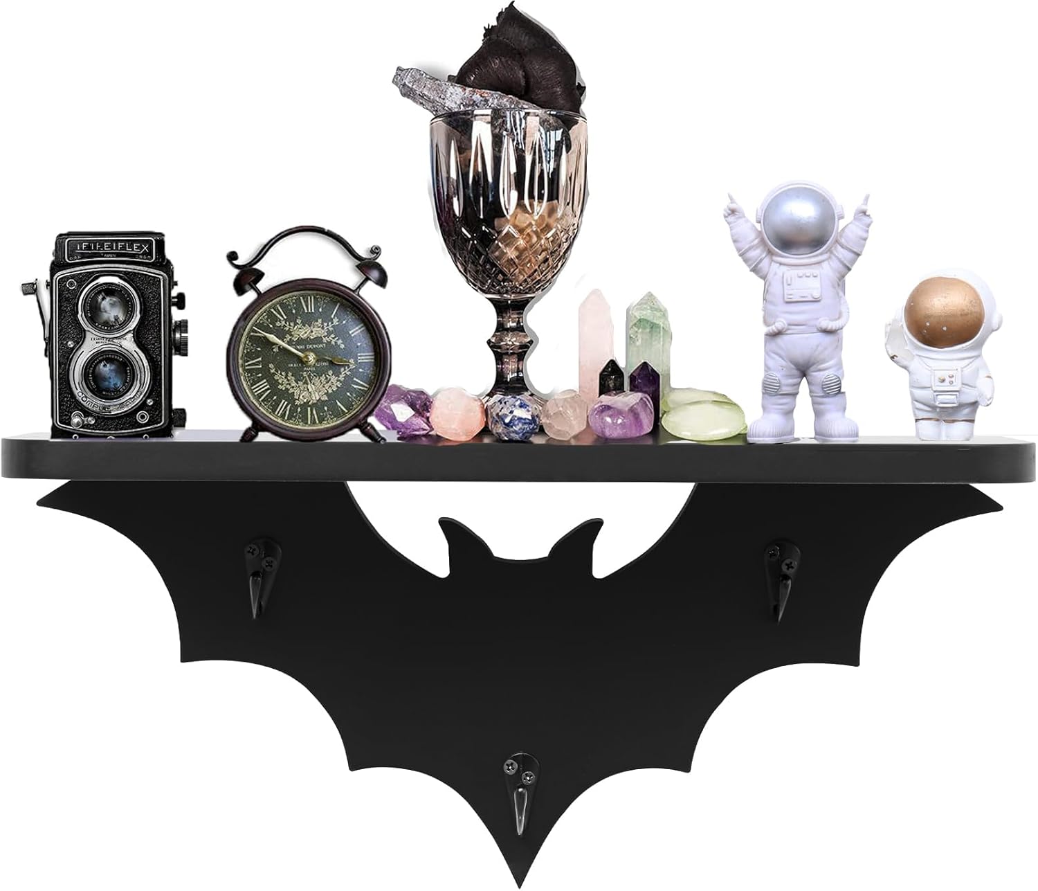 Bat Shelf Floating Shelves for Wall Decor,Black Shelves for Bedroom-Halloween Goth Room-Black Hanging Shelves with 3 Key Hooks