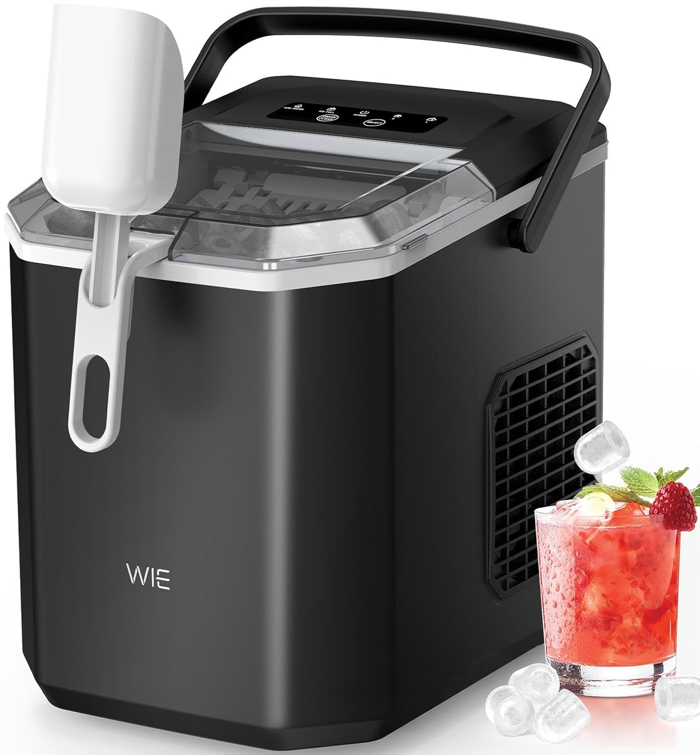 WIE Ice Maker Countertop, Self-Cleaning Ice Maker Machine,12KG in 24H, 9 Cubes in 6 Mins, Portable Ice Machine with Handle, Ice Cube Maker with Ice Scoop&Basket for Home/Kitchen/Office/RV, Black