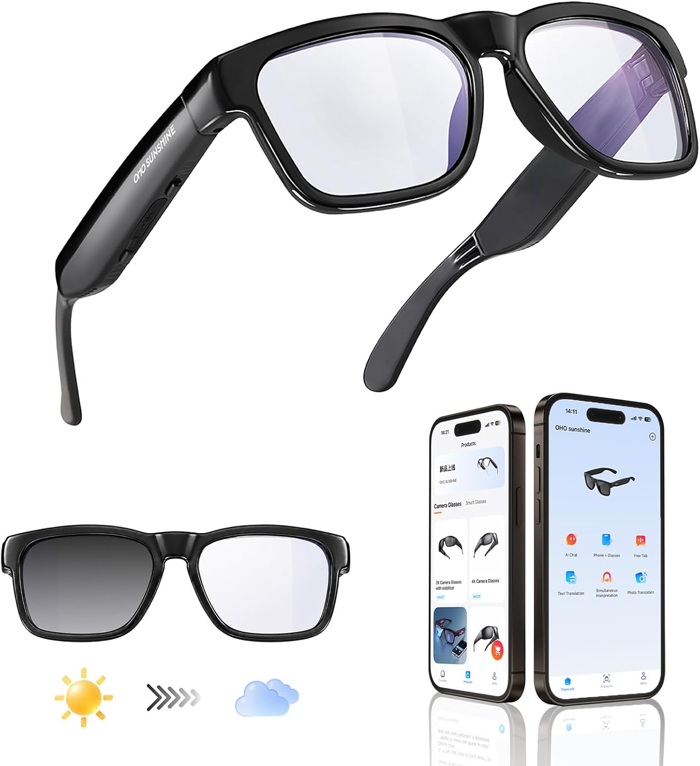 OhO AI Glasses, Bluetooth Audio Sunglasses with 10H Playtime, ChatGPT Translation & Water Resistant Open Ear Glasses