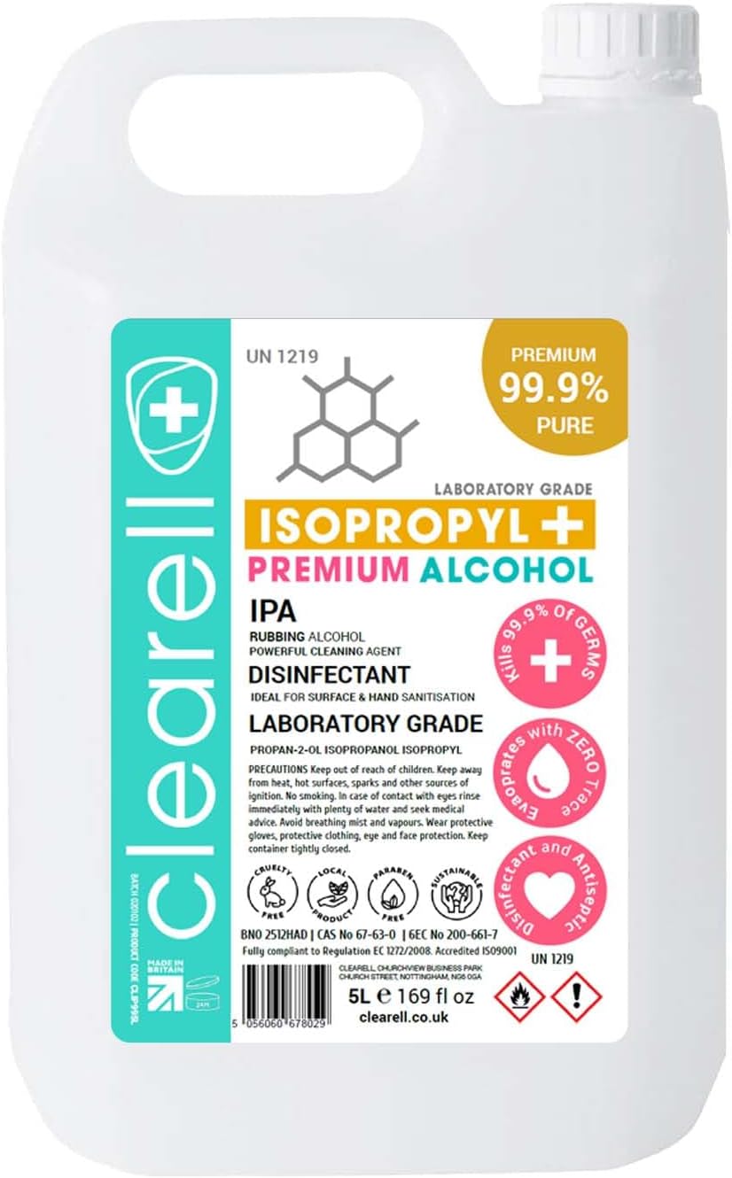 Clearell 5L | Pure IPA Isopropyl 99.9% Alcohol | Premium Isopropanol Propan-2-ol - Ideal for Electronics, Rubbing, Disinfecting, Diluting and Cleaning 5 Litres