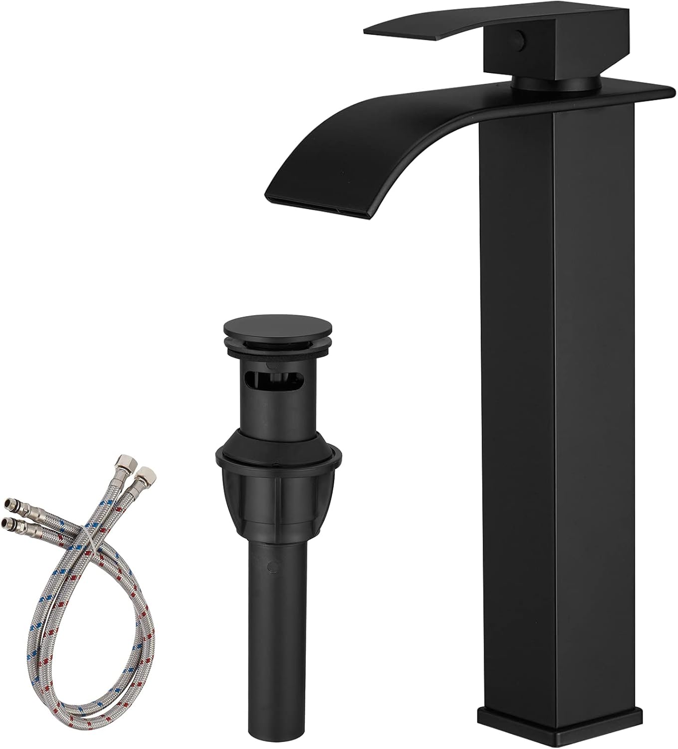 BWE Black Vessel Sink Faucet Single Handle Single Hole Stainless Steel Bathroom Faucet with Waterfall Spout Sink Faucet Lavatory Vanity Deck Mount Mixer Tap