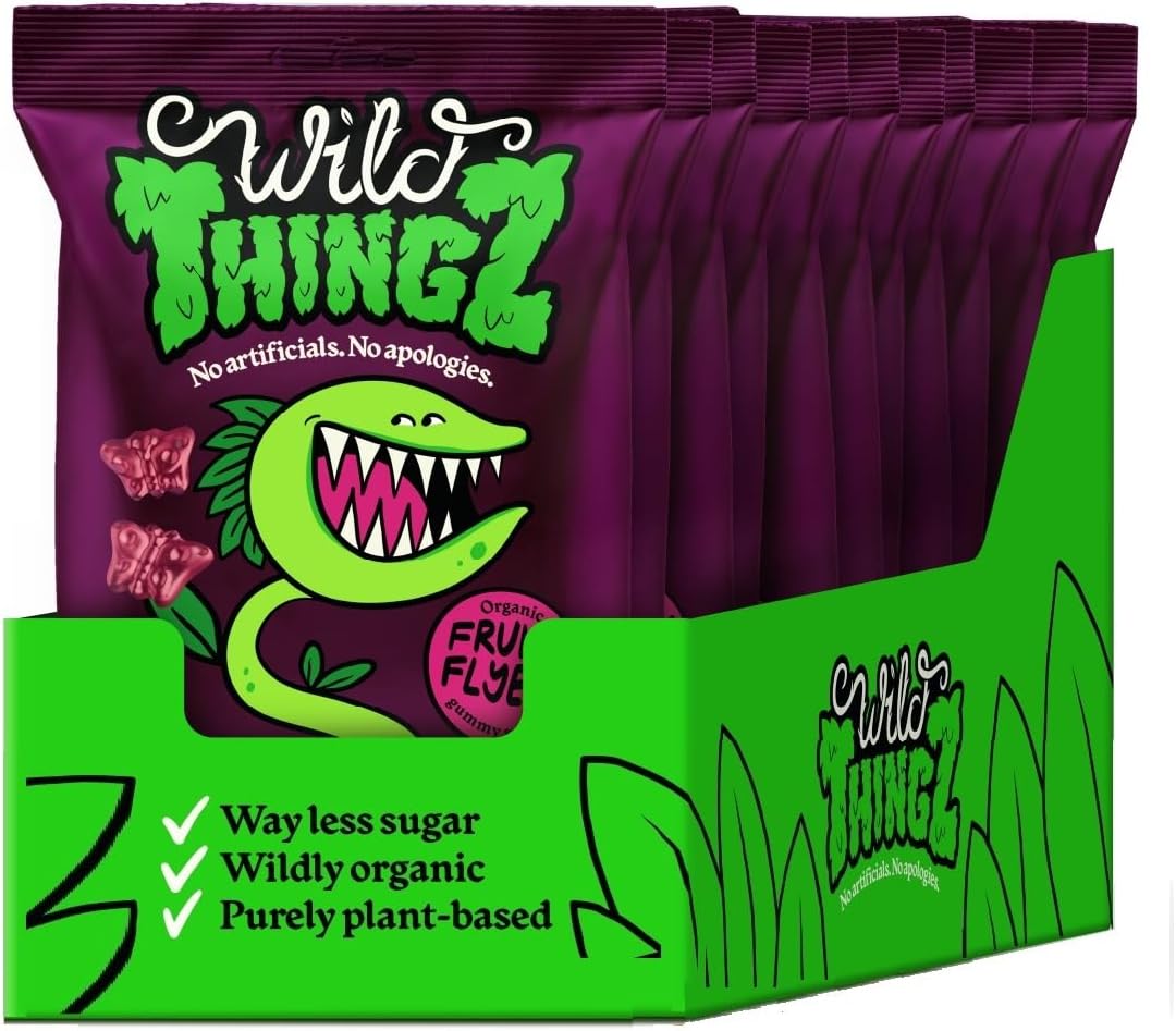 Wild Thingz Fruity Flyz Organic & Low Sugar Natural Gummy Sweets, Vegan & Gluten Free Share Bag Snacks, Perfect for Parties, Offices or as Gifts 130 g (Pack of 10)