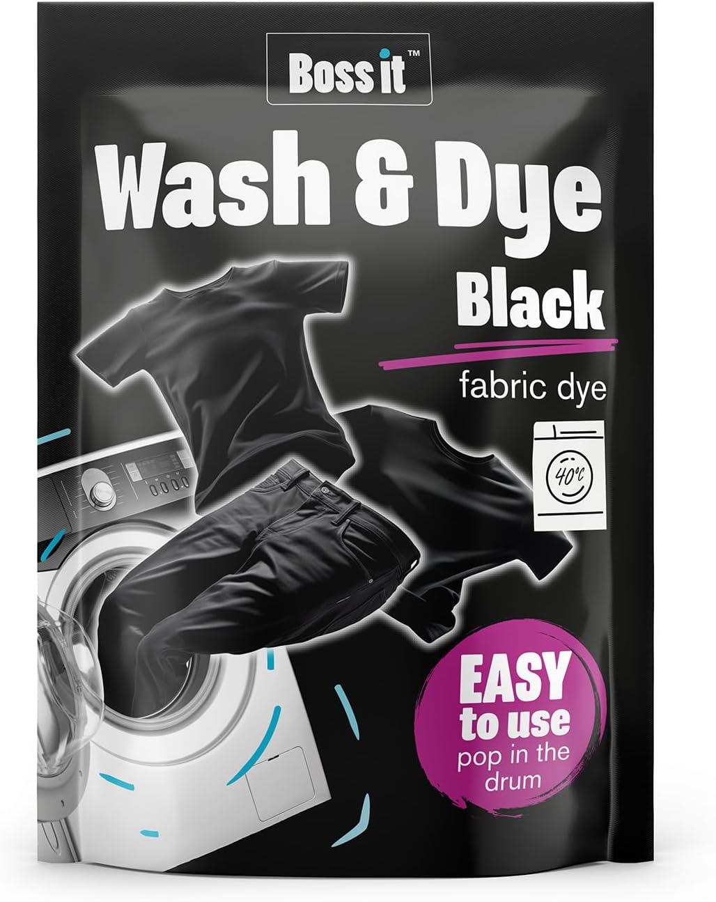 Boss it Wash & Dye Black, Intense Black Dye for Clothes - Just Pop in The Drum, Easy to Use Fabric Colour for Washing Machine