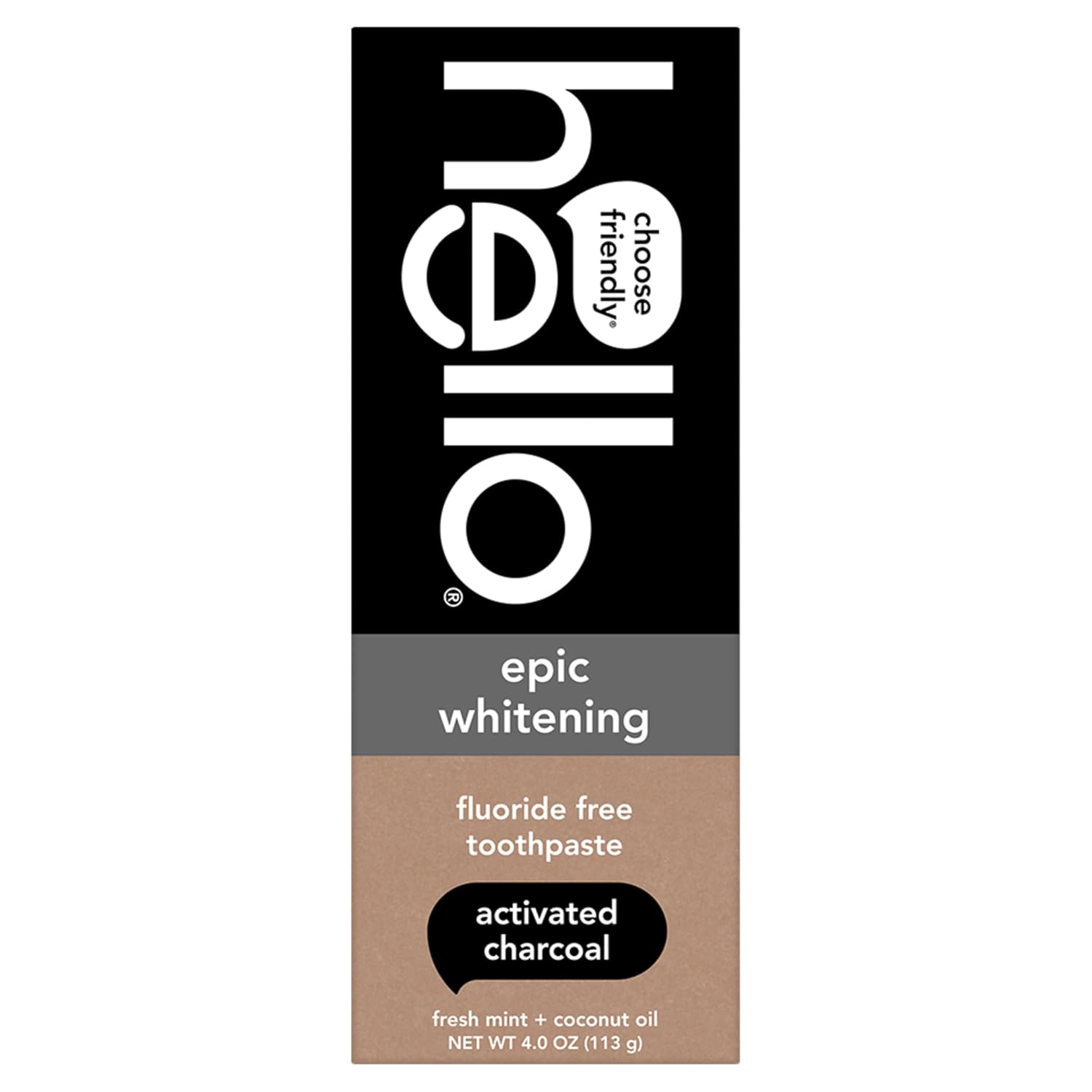 hello Epic Whitening Charcoal Fluoride Free Toothpaste, Activated Charcoal Toothpaste with Coconut Oil, Whitens Teeth Naturally, SLS Free, Fresh Mint, 4.0 Oz Tube