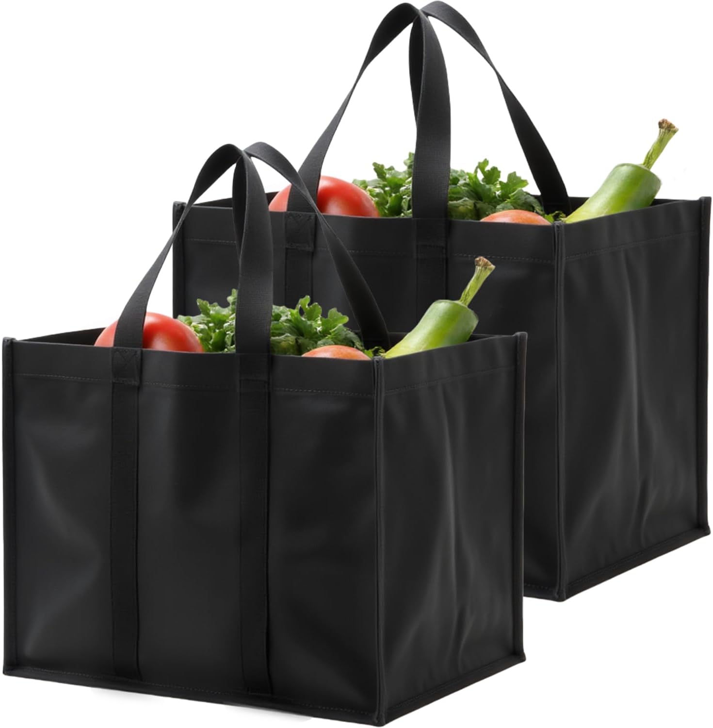 Luxiremi 2 Pcs Black Reusable Grocery Bags Shopping Bag Tote Bag with Handles Foldable Washable Stands Upright Reinforced Bag with Handle-Hold Extra Large & Durable for Daily Life, Picnic, Camping.