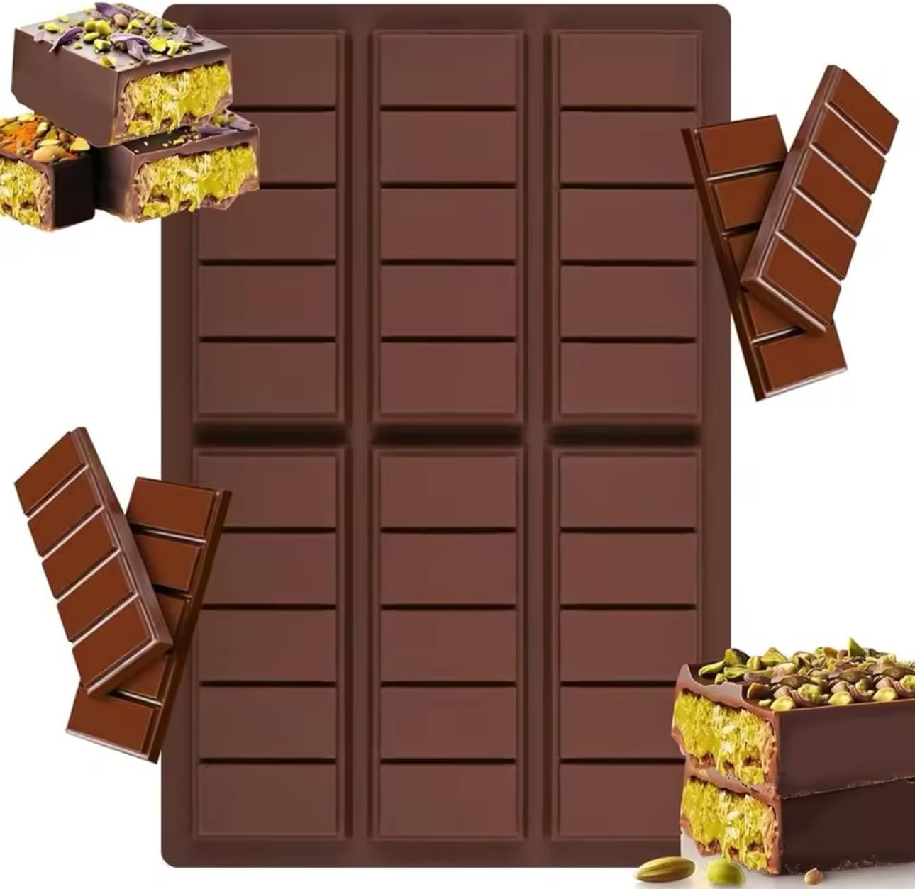 Dubai Chocolate Bar Mold for Filling Kunafa Pistachio, Small Candy Bar Molds Silicone Halloween Chocolate Molds for Stuffed Bar Thick - Small Makes 6 Bars all at once