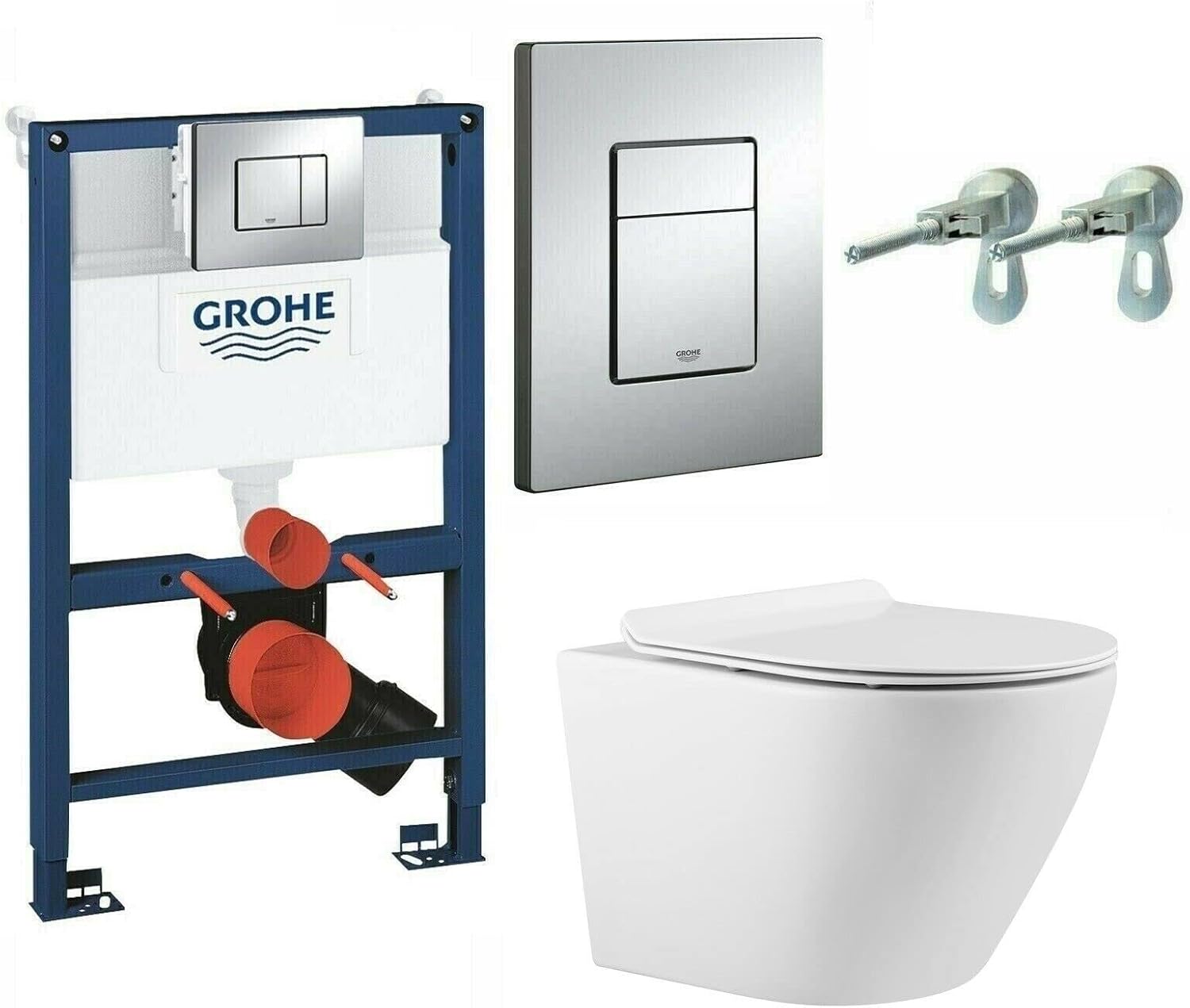Grohe 0.82m Concealed Cistern 38773000 Wc Frame with Compact Rimless Wall Hung Toilet Pan