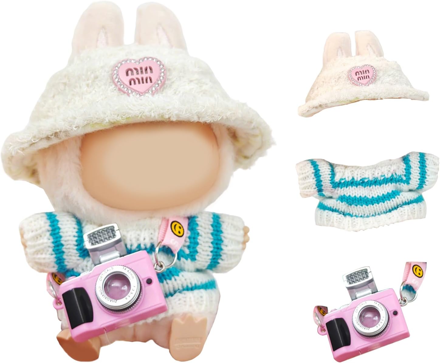 Clothes for 17cm Plush Doll, Small Clothes Set, 3pcs Outfits for 17cm Dolls Includes Hat, Sweater or Romper, Camera, Dress to Impress Dolls (No Doll)
