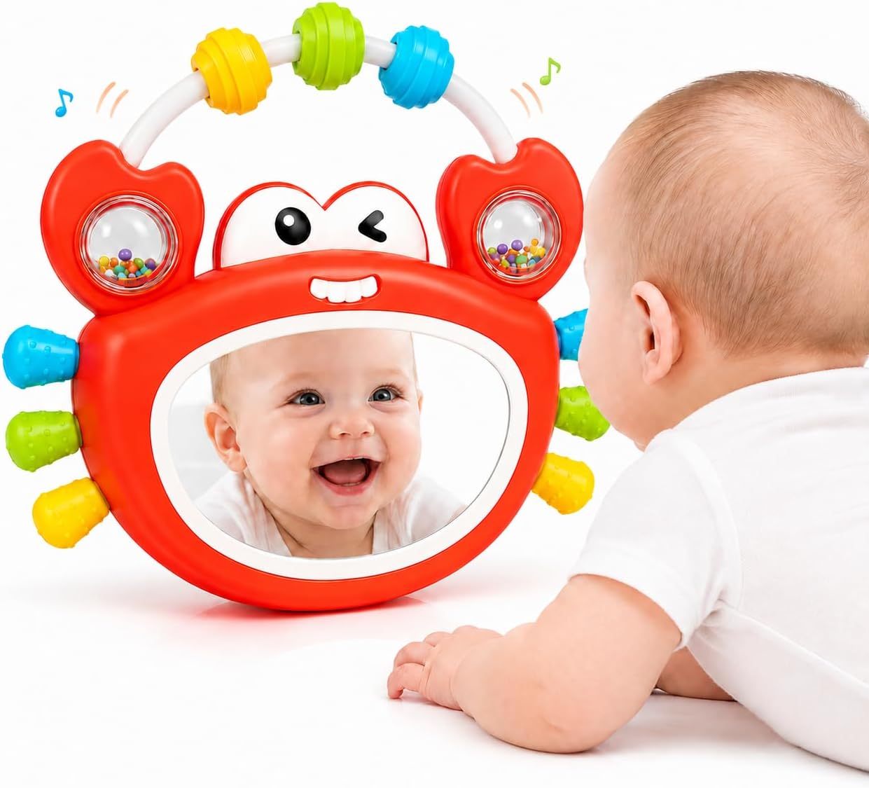 Tummy Time Toys for Babies 0-12 Months, Baby Mirror Toy with Light Music, Infant Sensory Toy with Teether Rattle for Grasping, Developmental Activity Toys for Newborn Baby Gifts Boys Girls