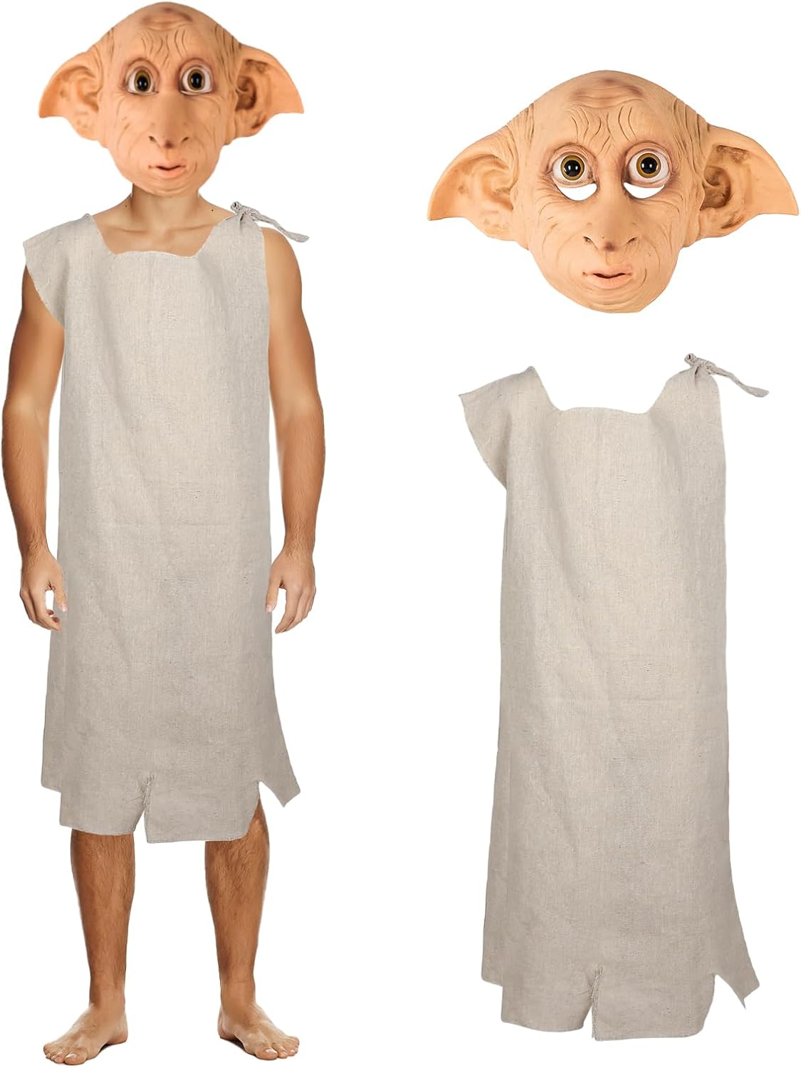 Dobby Costume with Elf Mask, 2PCS Halloween House Elf Outfit for Adults Kids, Fancy Dress Party Headwear Cosplay Props