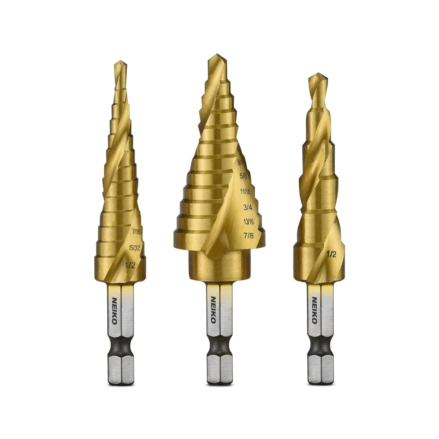 NEIKO 10181A Step Drill Bit Set, 3 Piece, Spiral Grooved for Faster Drilling, Step Bits for Stainless Steel, Metal, Wood, Plastic, Unibit Cone Drill Bits with 31 Step Sizes Total