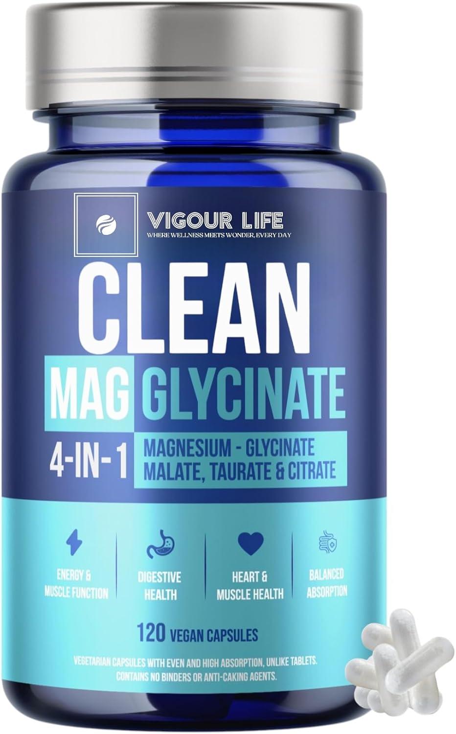 Clean Magnesium Glycinate 4-in-1 Complex | No Fillers, Binders or Additives | Vegan Magnesium Glycinate, Malate, Citrate & Taurate for Muscle Recovery, Heart Health & Sleep Support | 120 Capsules
