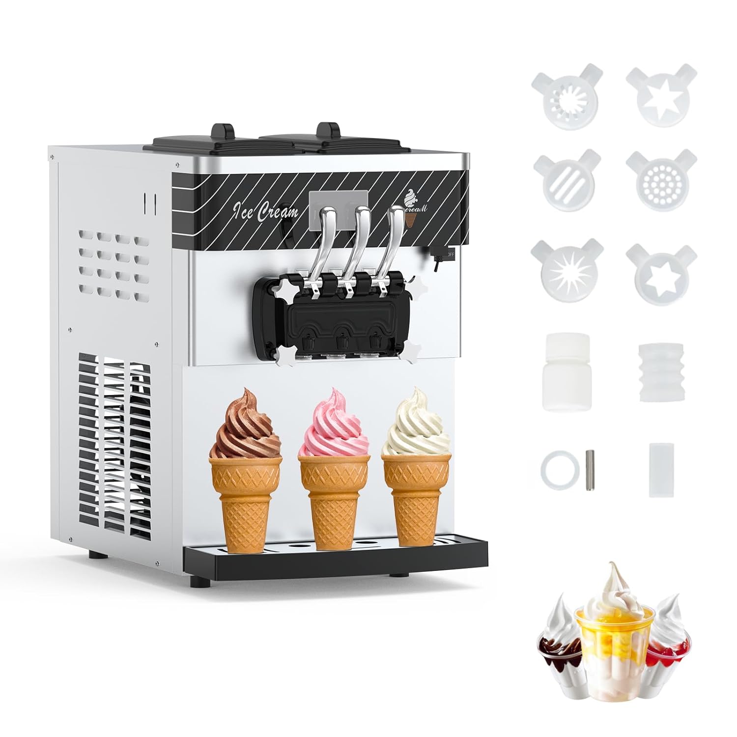 Commercial Ice Cream Machine, 5.3-7.4 Gal/Hour 2450W Soft Serve Ice Cream Maker with LCD Panel, Auto Cleaning, 3 Flavors Dispenser, for Restaurant Snacks Shop