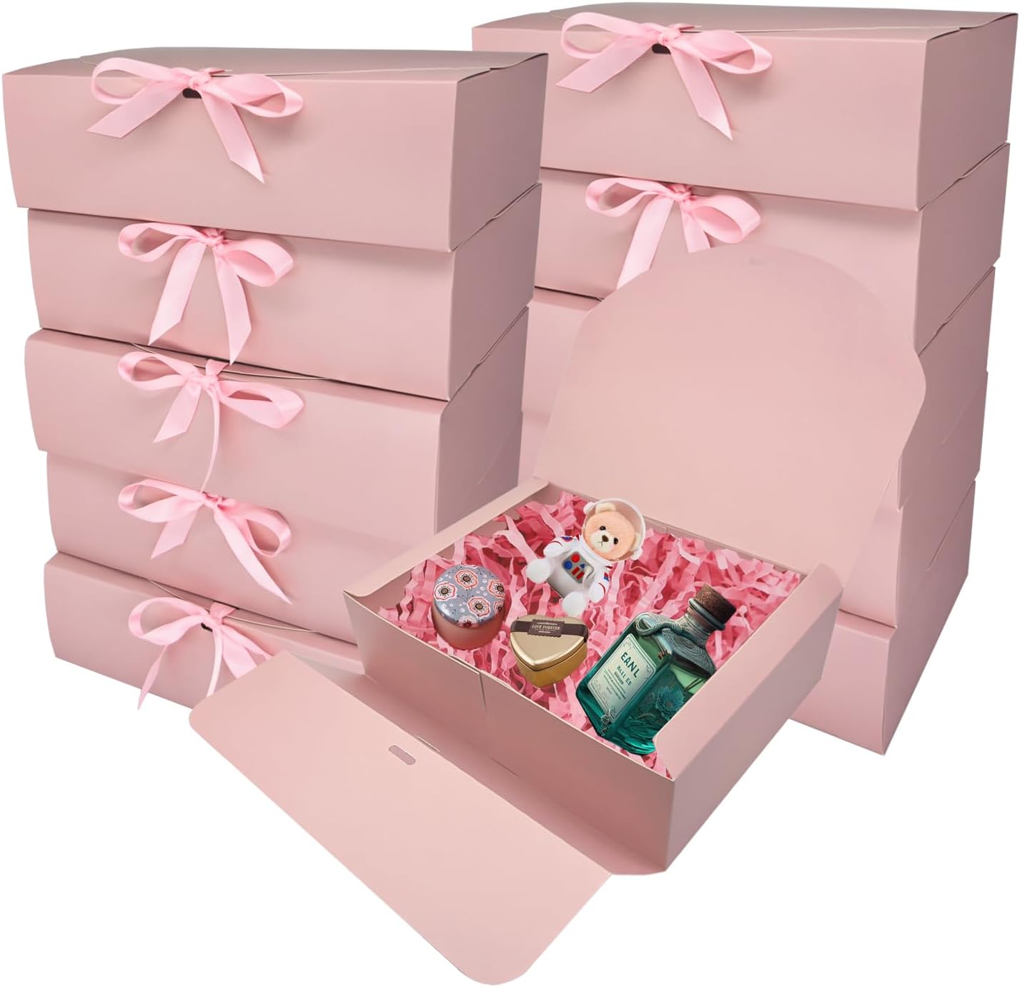 10 PCS Gift Boxes with Lids, 10.6x7.8x3.1 Inch Kraft Paper Gift Box, pink with Ribbon, Bridesmaid Proposal Box for Wedding, Packaging, Present, Birthday, Cupcake