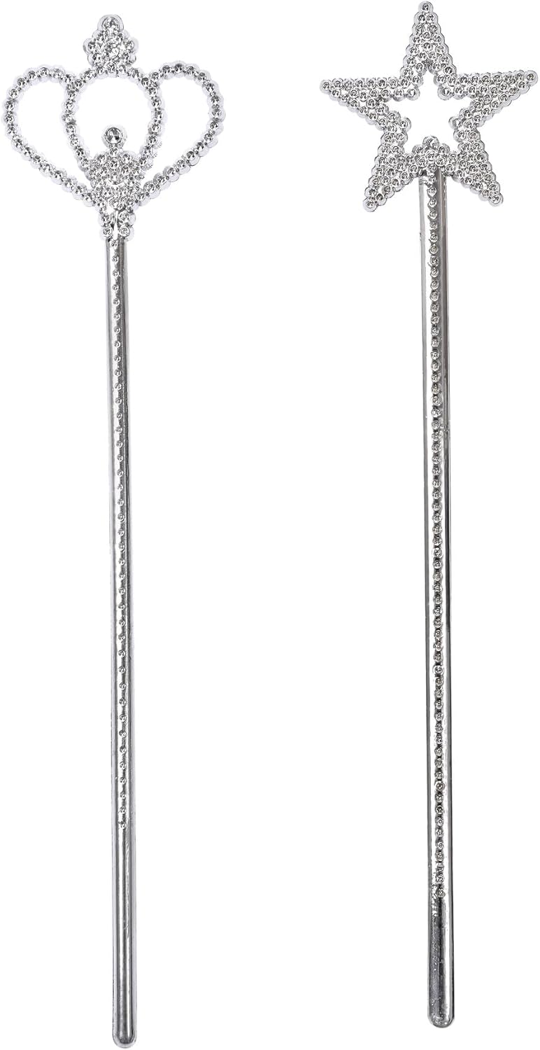 2 Pack Silver Princess Star Wand, Crown Wands Angel Magic Wand for Girls Birthday,Dress up and Halloween Costume Supplies (Silver Star Crown)