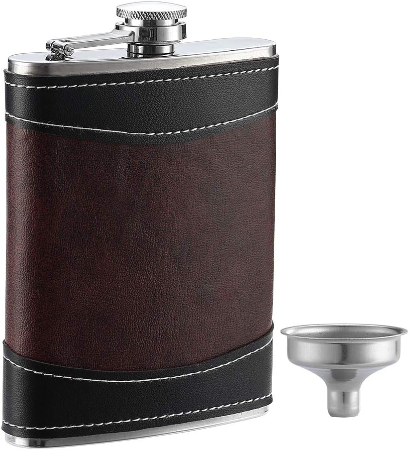 Premium 1 Pack 8 Oz Hip Flask for Liquor Soft Touch Leather Wrap with Funnel,18/8 Stainless Steel Highest Food Grade Leak Proof Classic Flask