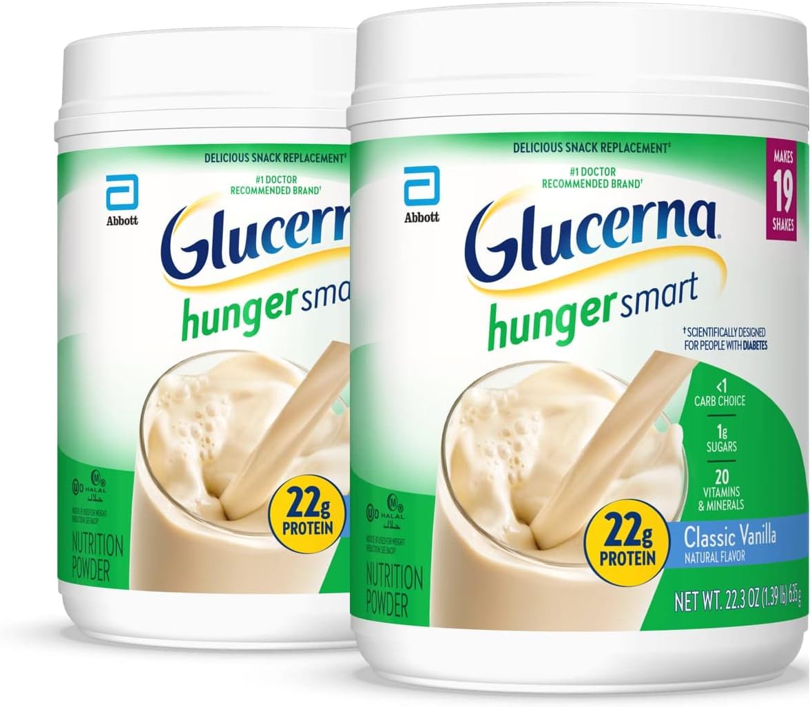 Glucerna Hunger Smart Powder, Diabetic Drink to Support Blood Sugar Management, 22g Protein, 130 Calories, Classic Vanilla, 22.3-oz Tub, 2 Count