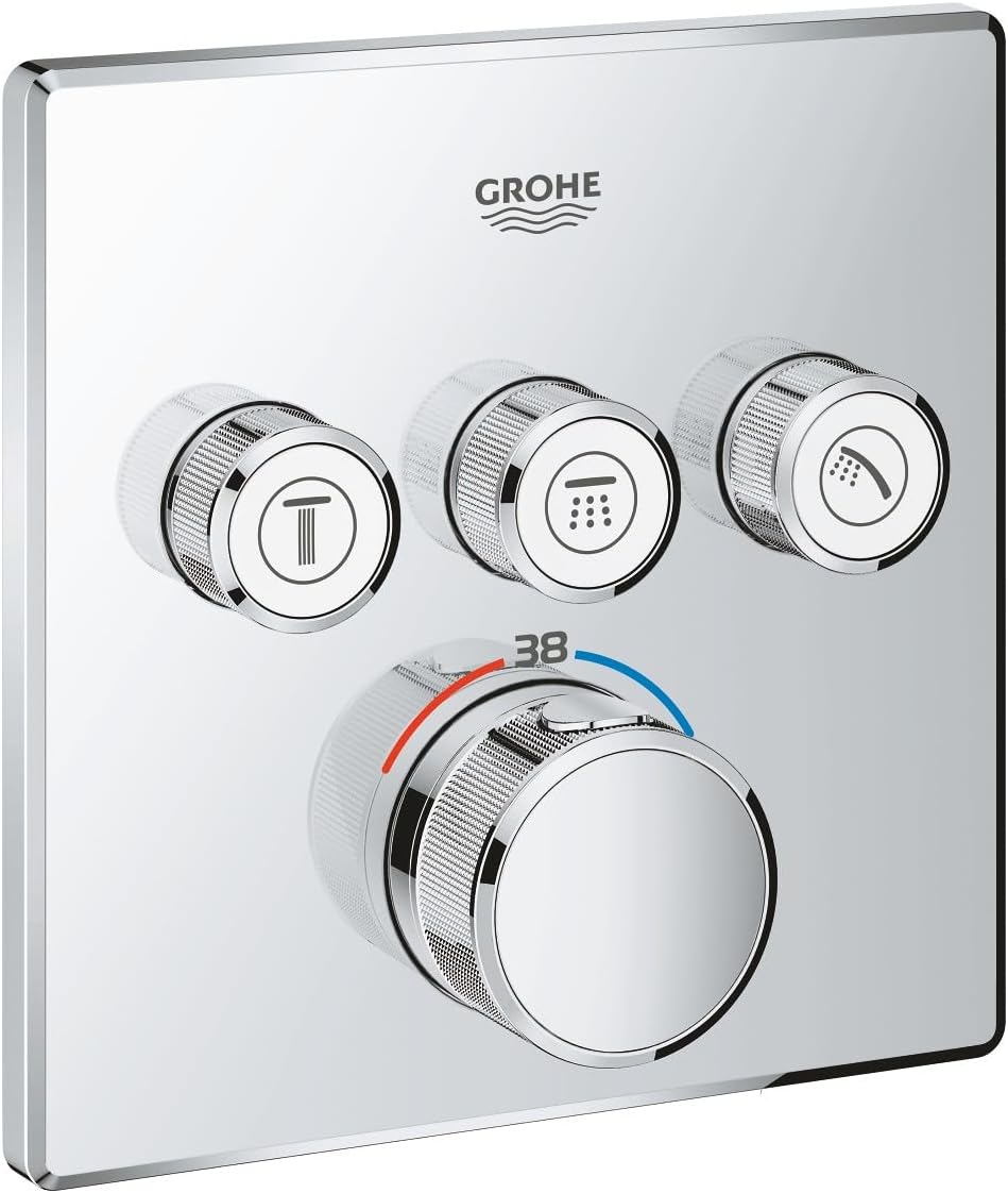 GROHE Grohtherm SmartControl - Concealed Square Thermostat for Shower or Bath (3 Valves, Push for ON-OFF, Turn for Volume Adjustment, Safety Button at 38°C, Requests Rapido SmartBox), Chrome, 29126000