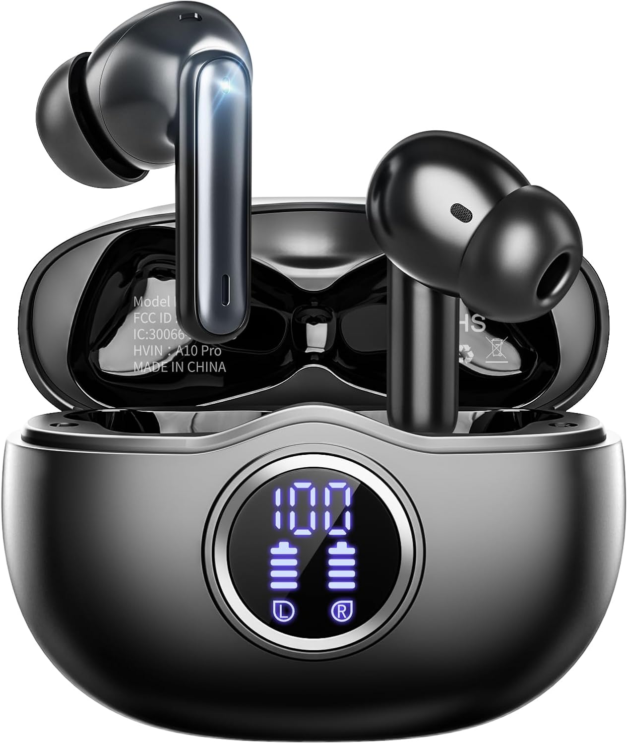 A10 Pro Wireless Earbuds, Bluetooth 5.3 Headphones HiFi Stereo 50H Playback LED Digital Display Ear Buds with ENC Noise Canceling Headset, IPX7 Waterproof Earphones for Gym/Running/Work - Black