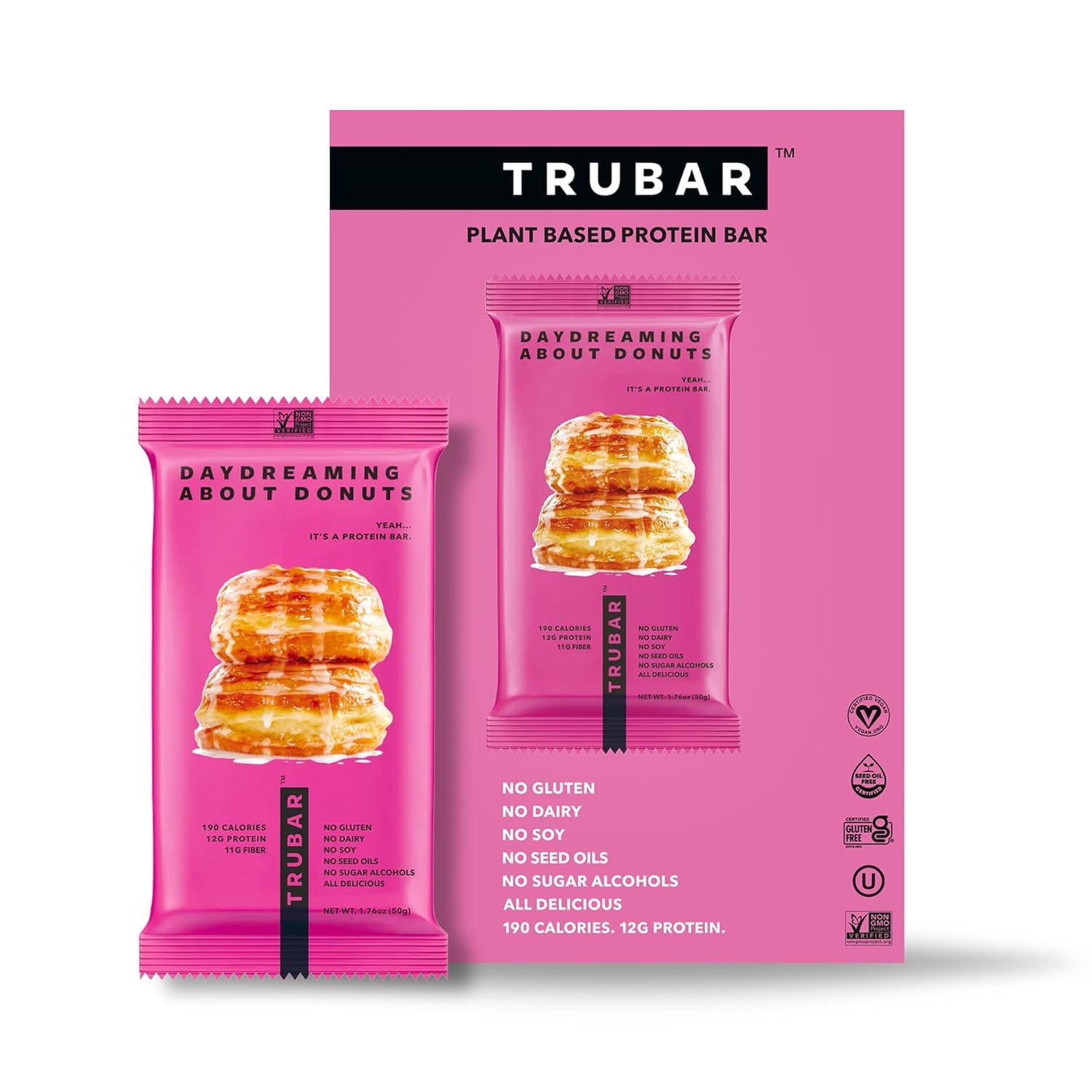 TRUBAR Vegan Protein Bar, Daydreaming About Donuts, Gluten Free, Plant Based, High Fiber, Dairy Free, Non GMO, Low Fat, No Sugar Alcohols, 12G Lean Protein, 13G Fiber, Healthy Snack Bars, 12 CT