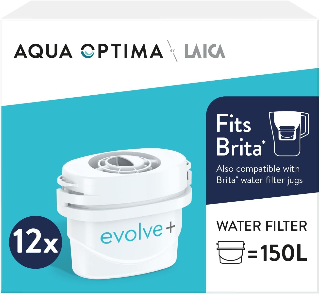 Aqua Optima Evolve+ Water Filter Cartridges 12 Pack - Fits Brita Jugs & Alternative for Maxtra Filters* - Reduces Limescale, Chlorine and Other Impurities - by LAICA (Packaging May Vary)