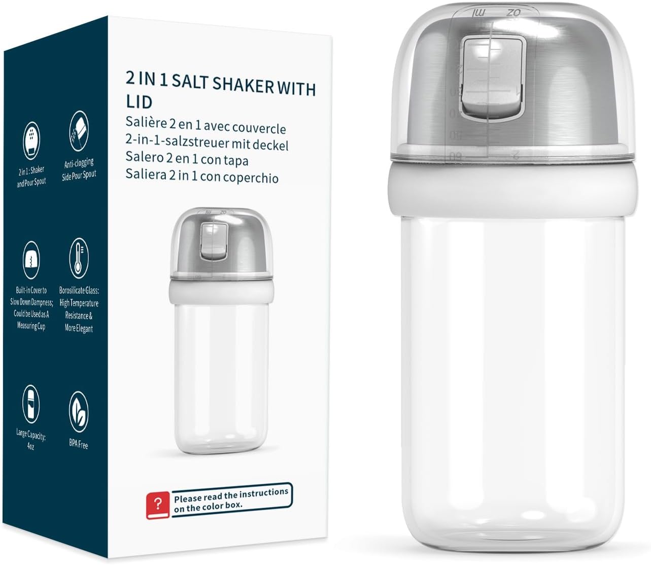 KTCHENDAO 2 in 1 Glass Salt Shaker with Side Pour Spout, Built-in Lid to Slow Down Dampness with Mearsuring Marks, Elegant Borosilicate Glass Salt Dispenser for Kitchen, BPA Free, 4oz (White)