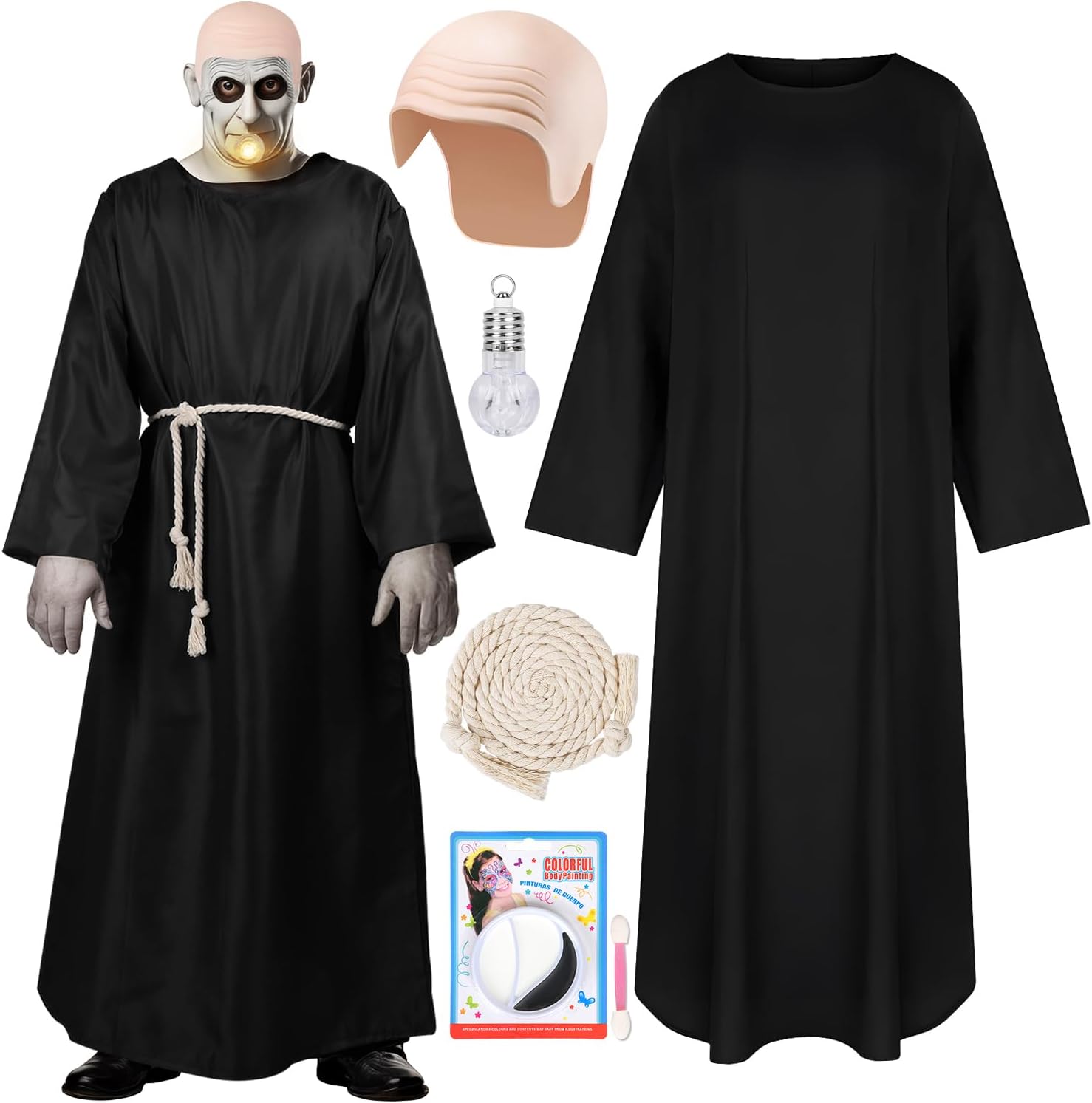 MOVINPE Halloween Uncle Costume for Mens, 5 Pcs Creepy Monk Costume Outfit with Black Robe, Bald Cap, Fake Light Bulb, Waist Rope & Face Paint Kit, Classic Creepy Character Halloween Dress Up Kit