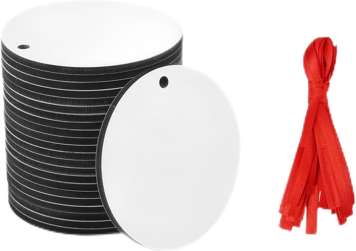 SAVITA 25pcs Sublimation Blank Pendants, 2.83inch MDF Personalized Sublimation Pendant Round Blank Discs Halloween Christmas Ornaments DIY Creation Supplies