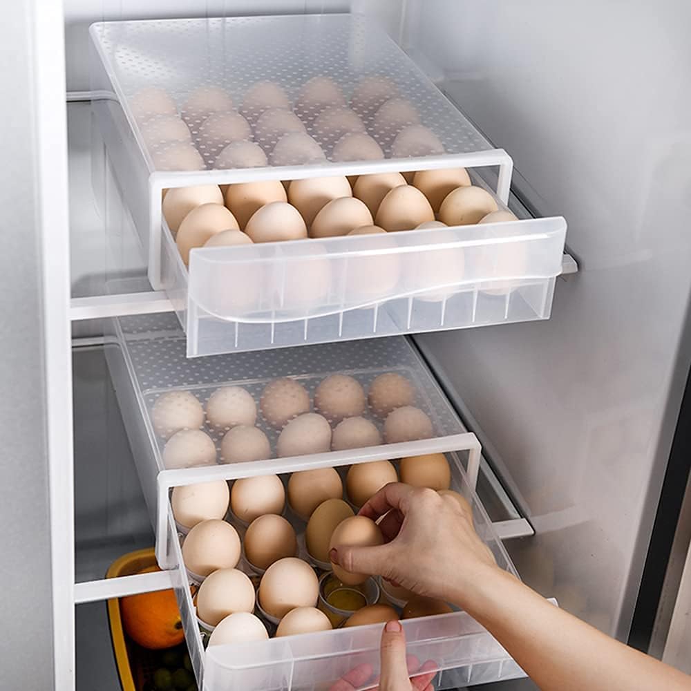 30 Grid Drawer type Egg Holder for Refrigerator, BPA Free Household Egg Fresh Storage Box, Single Layer Chicken Egg Storage Container Clear