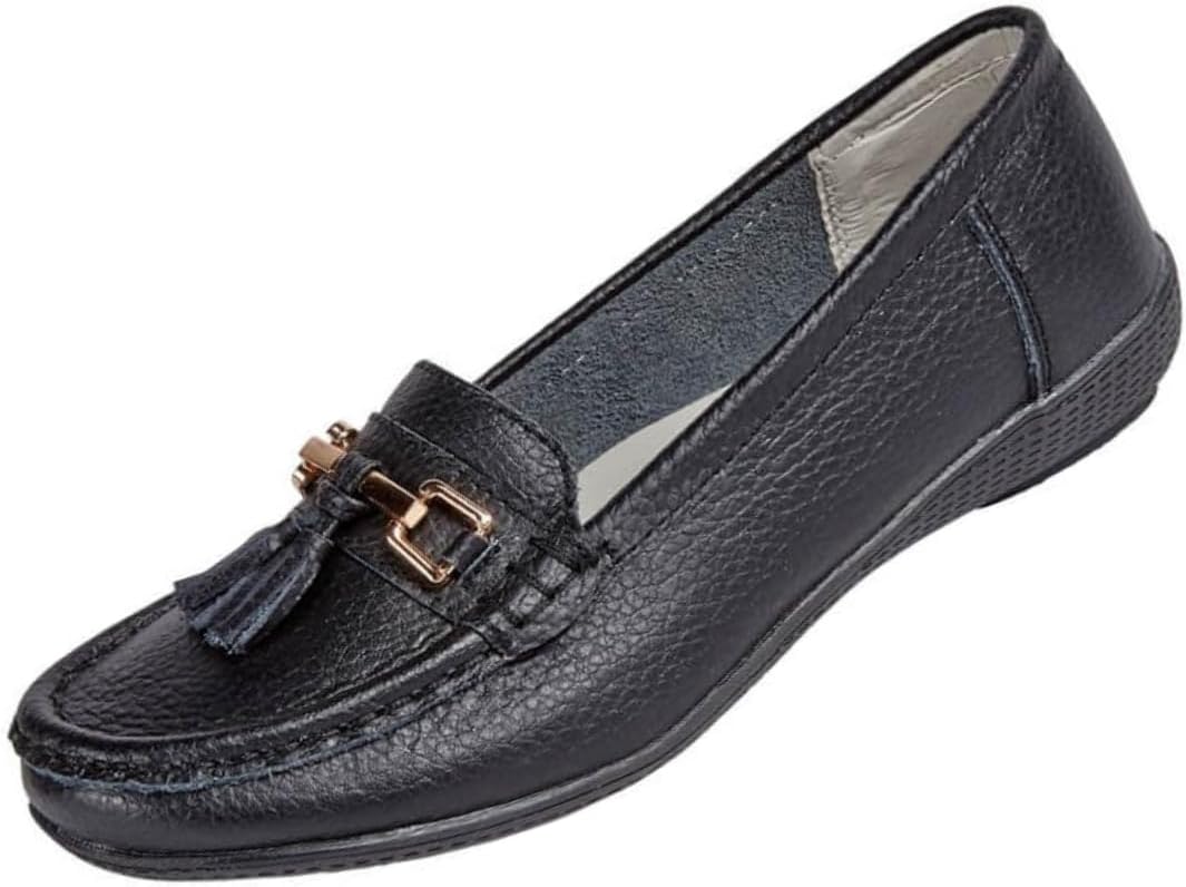 Jo & Joe Nautical Ladies Leather Loafer Shoes, Tassel Flat, Women's Size 7.5-8, Flexible Rubber Grip Sole, Round Toe, Pull-On, 1 inches Heel, Cold Lining, Solid, Low Top, Comfort Wear, Party