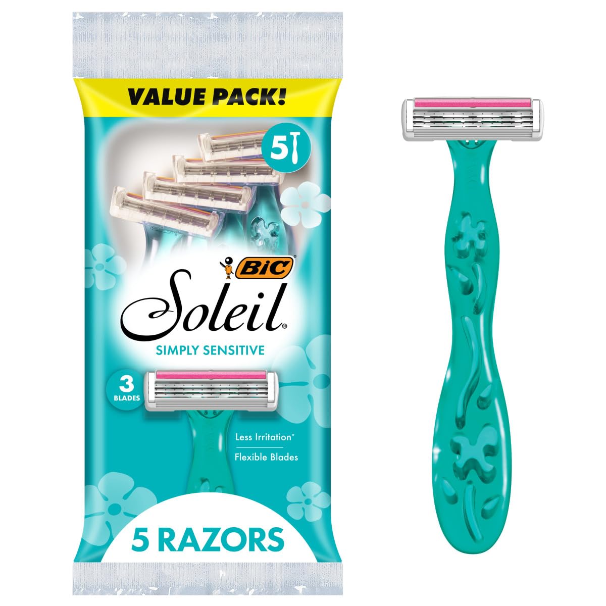 BIC Soleil Simply Sensitive Women's Disposable with 5 Blade Razors, Smooth Shave with Moisture Strip, 5-Pack