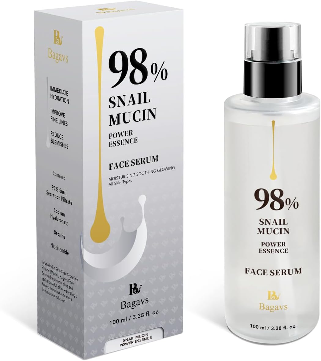 Bagavs Snail Mucin Face Serum 100ml with 98% Snail Secretion Filtrate, Niacinamide and Hyaluronic Acid, Anti-Wrinkle, Deep Hydration, Brightening, Reduces Blemishes