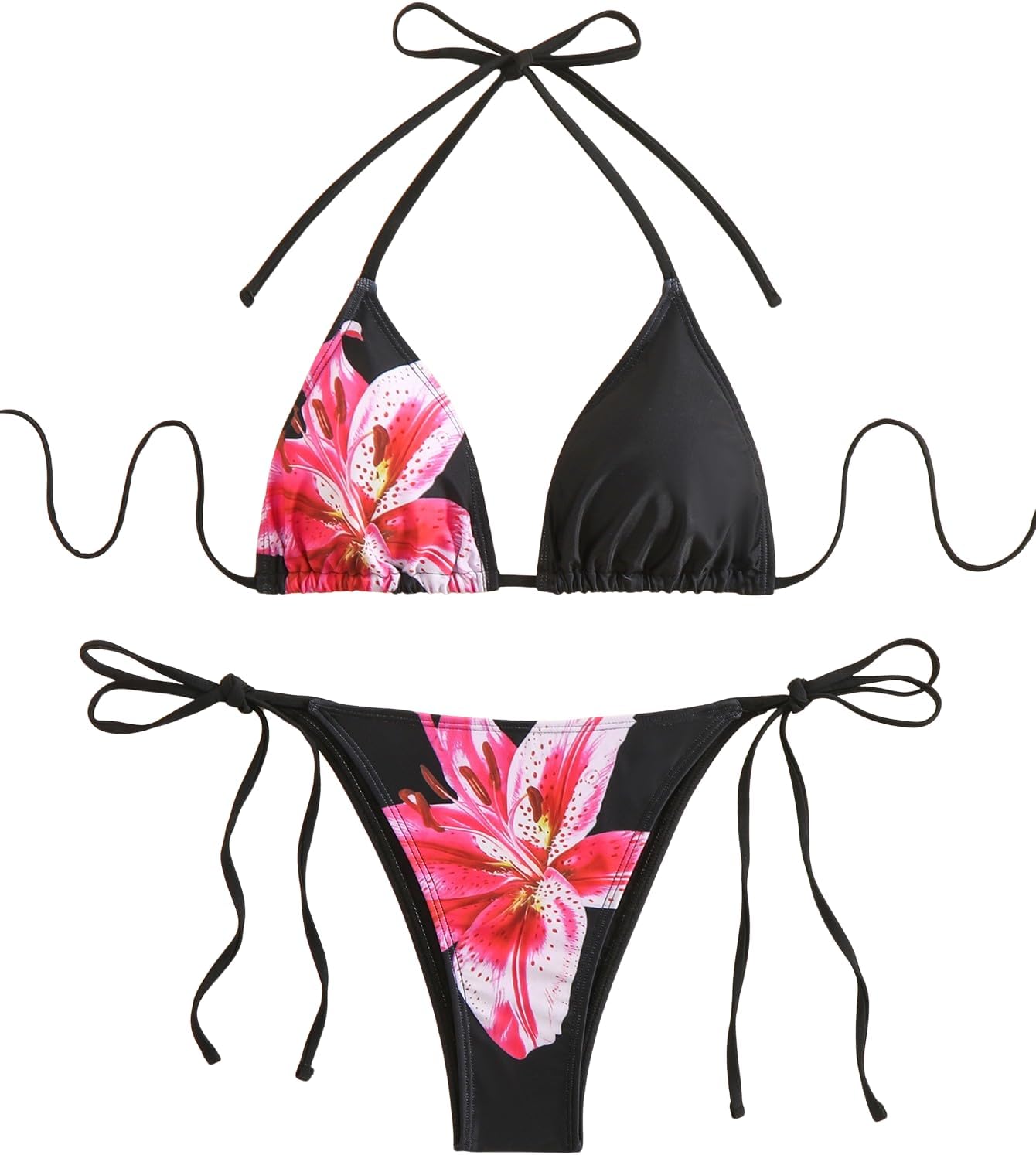 SEGT Women's 2 Piece Floral Print Halter Neck Tie Bikini Set Triangle String Thong Swimsuit Summer Bathing Suits for Women