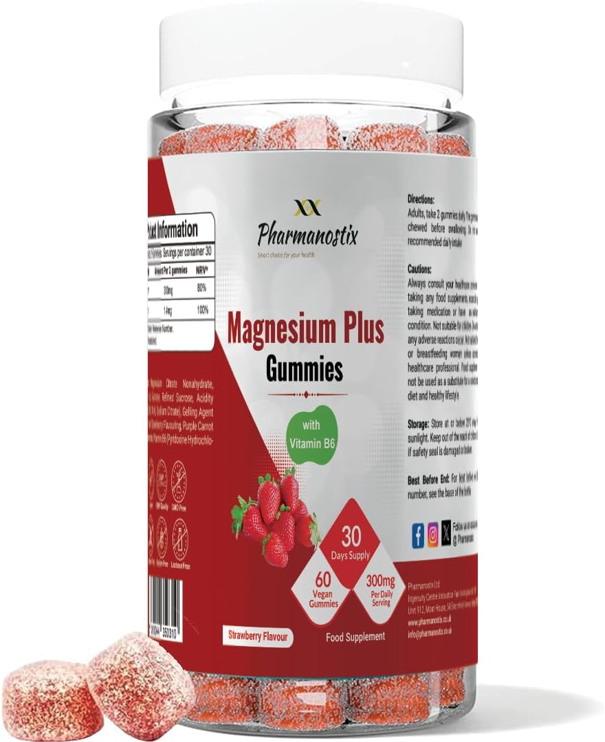 Pharmanostix Magnesium Citrate Gummies Plus 300mg, with Vitamin B6, 60 Vegan Gummies, Supports Muscle, Immunity, Electrolyte Balance, and Energy.