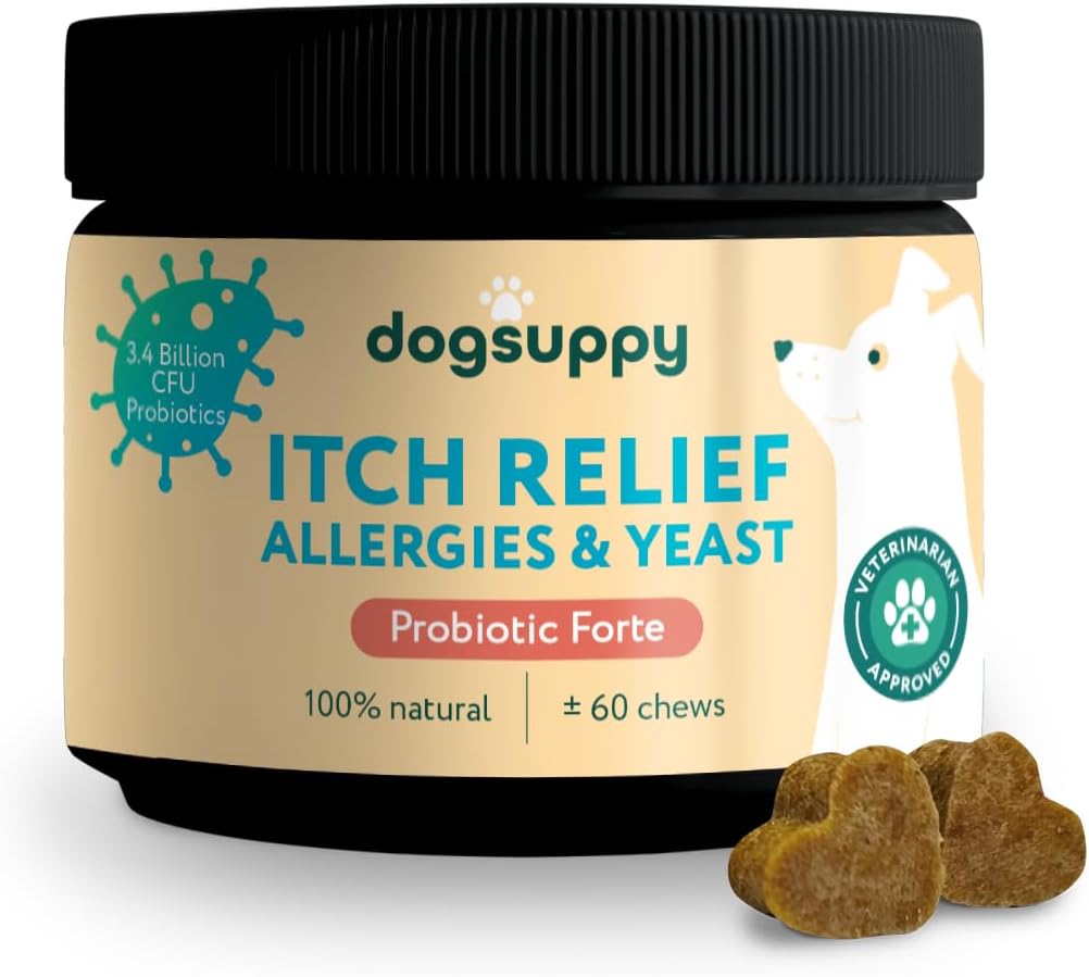 DogSuppy Itch Relief Probiotics for Dogs - Stop Scratching & Paw Licking, Relieve Allergies & Yeast - Supplement for Dogs, 100% Natural, Included Dental Sticks [meat free]