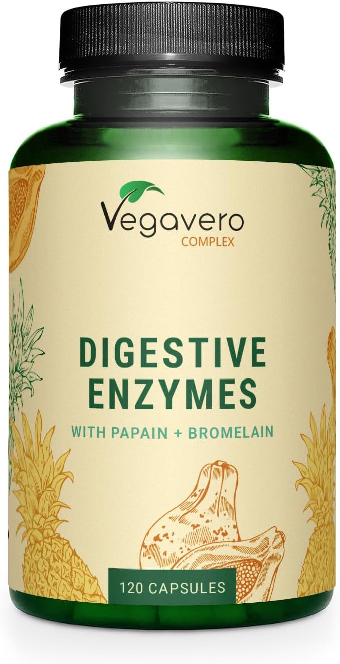 Vegavero Digestive Enzyme Supplements | 100% Plant-Based | with Bromelain, Papain, Amylase, Lipase, Cellulase and Calcium (Aquamin™) | NO Additives, Lab-Tested | 120 Capsules | Vegan