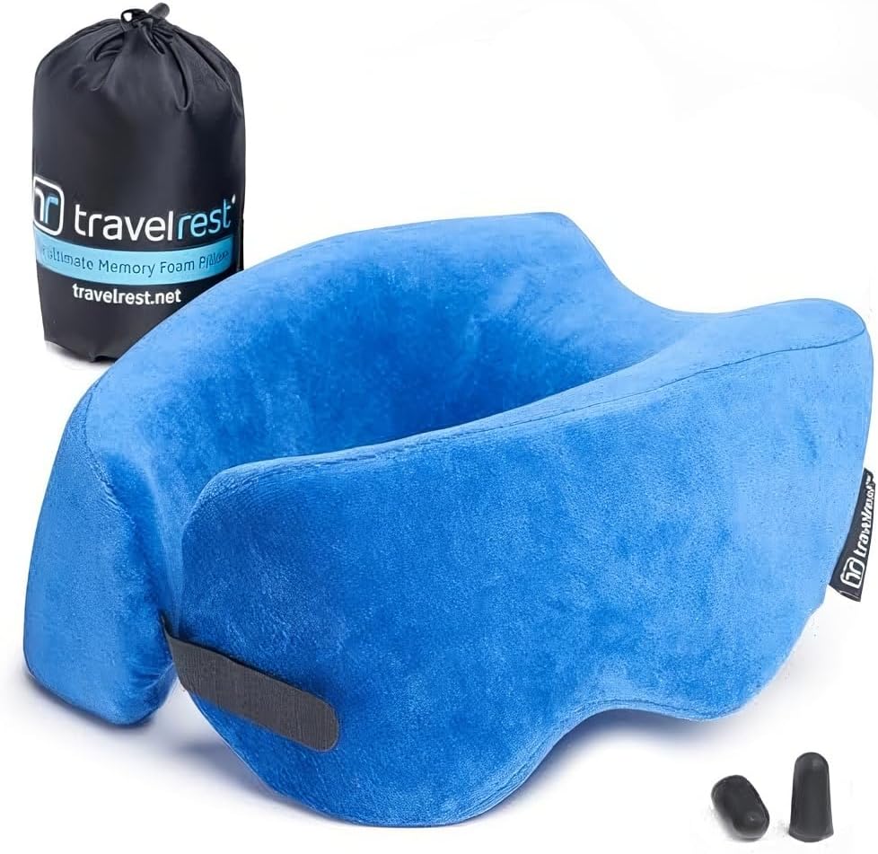 TRAVELREST Nest Neck Pillow Travel Essentials - Memory Foam Pillow and Patented Design, Support for Long Flights, Travel Accessories, Comfortable and Compact, Washable, Attaches to Luggage - Blue