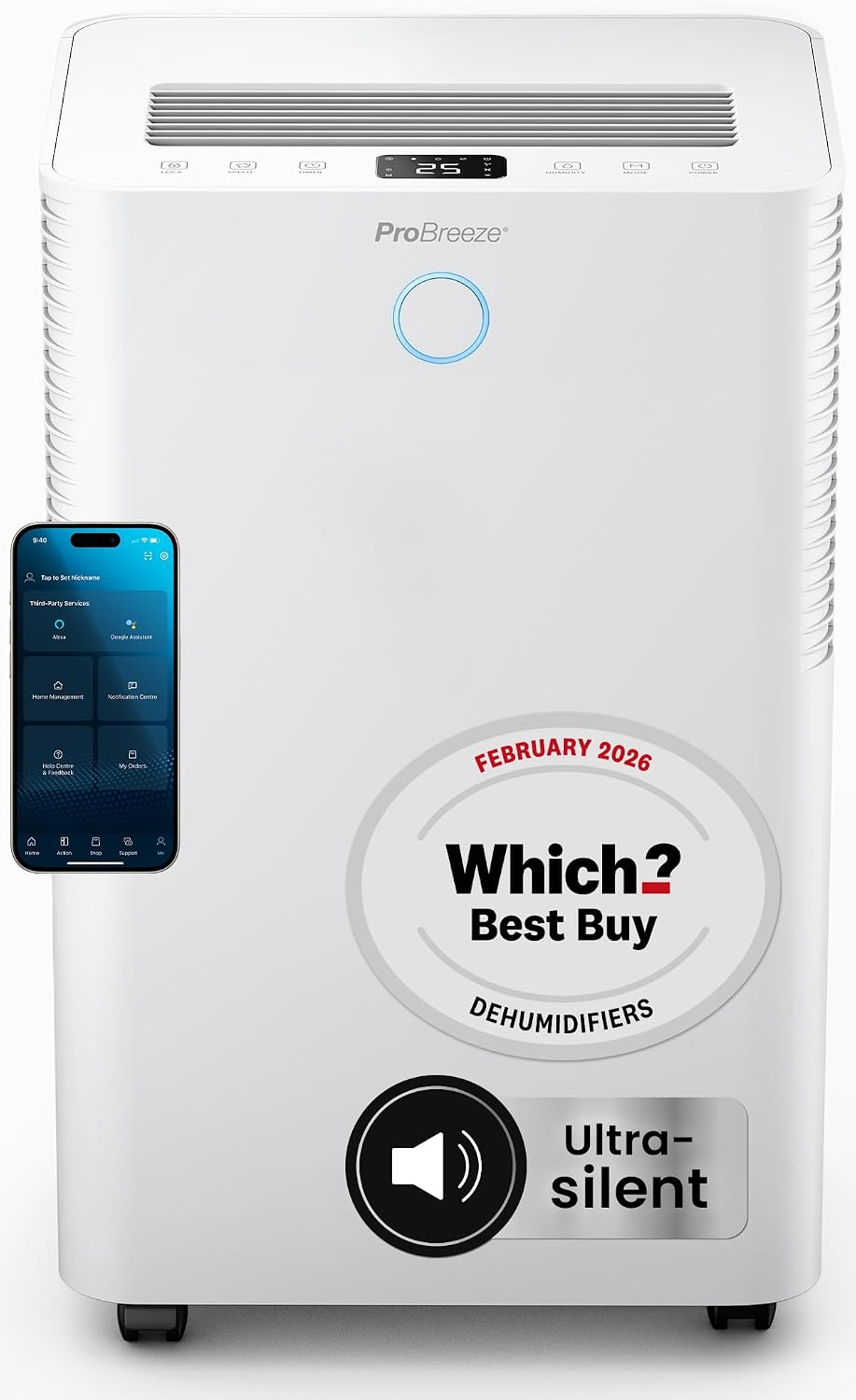 Pro Breeze® 20L OmniDry Smart Dehumidifier, WHICH? Best Buy Award WINNER, Low Energy, Ultra-Quiet, Automatic Humidity Sensor & Display, Sleep Mode, 24Hr Timer, Laundry Drying, Wifi App, Prevents Damp