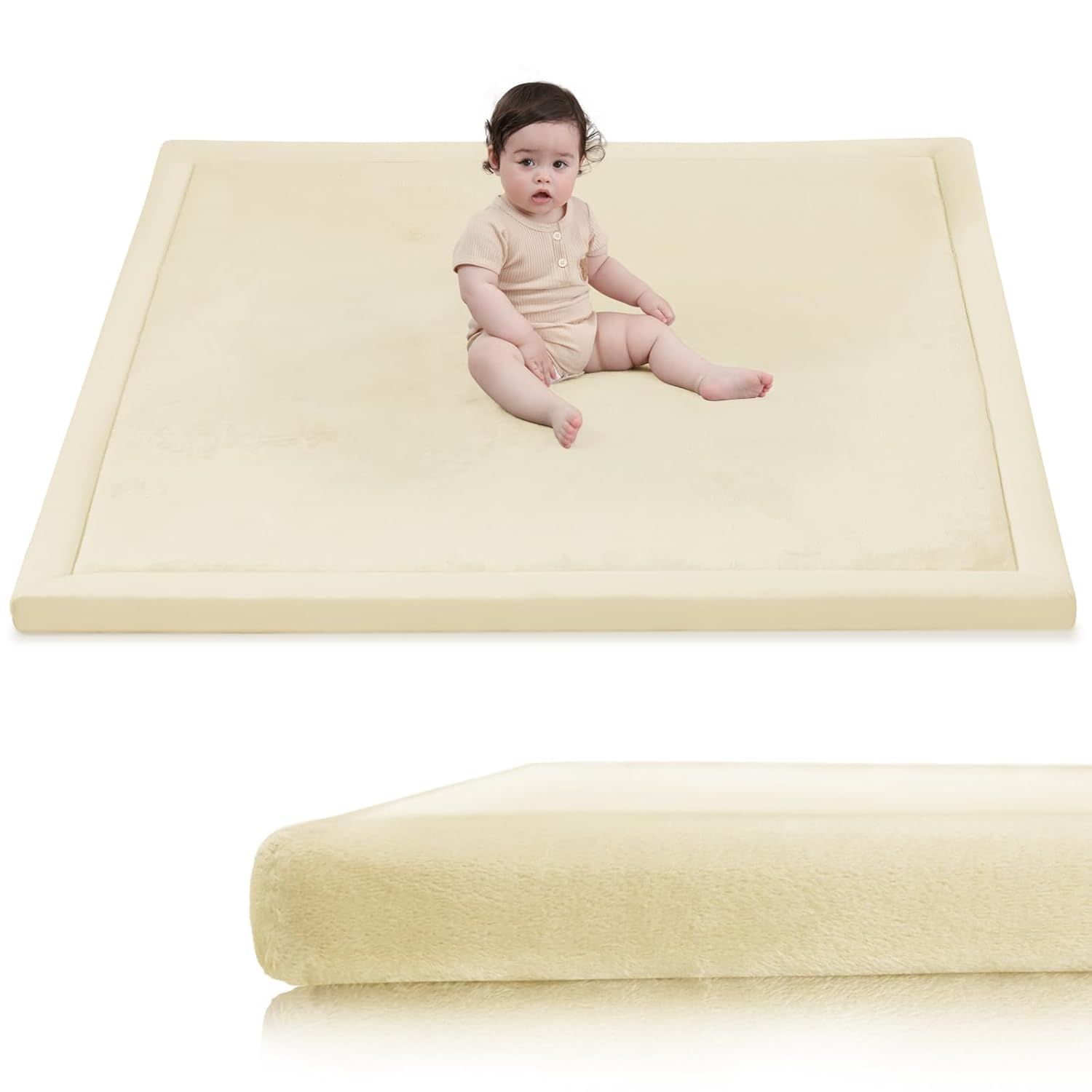 Huloo Sleep Ultra Soft Baby Play Mat for Floor, 1.3" Thick Elasti-Foam 59x59 Play Mat for Playpen,Water-Repellent Coral Velvet for Tummy Time, Non-Slip Backing,Safe for Toddlers & Infants(Vanilla)