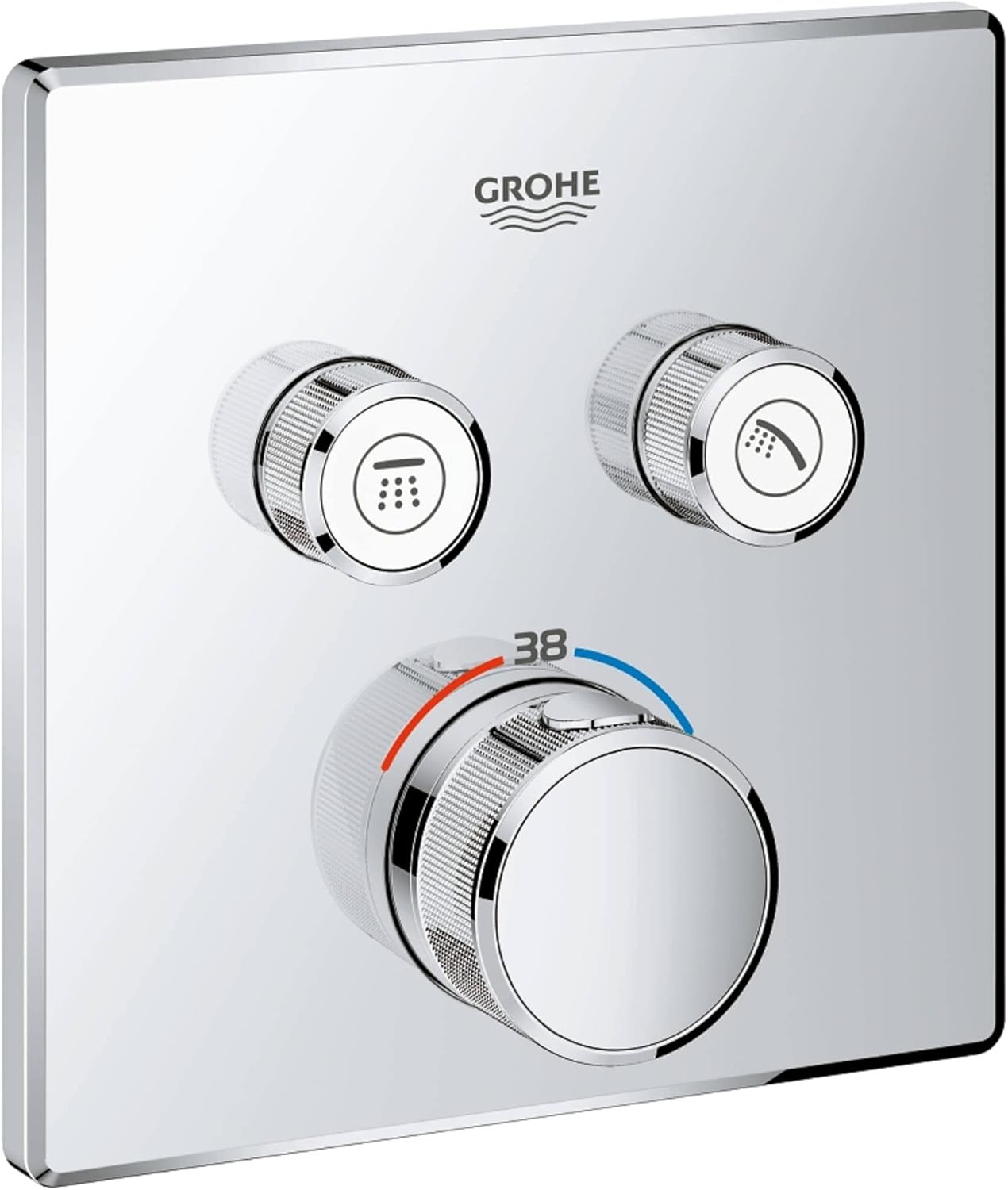GROHE Grohtherm SmartControl - Concealed Square Thermostat for Shower or Bath (2 Valves, Push for ON-OFF, Turn for Volume Adjustment, Safety Button at 38°C, Requests Rapido SmartBox), Chrome, 29124000