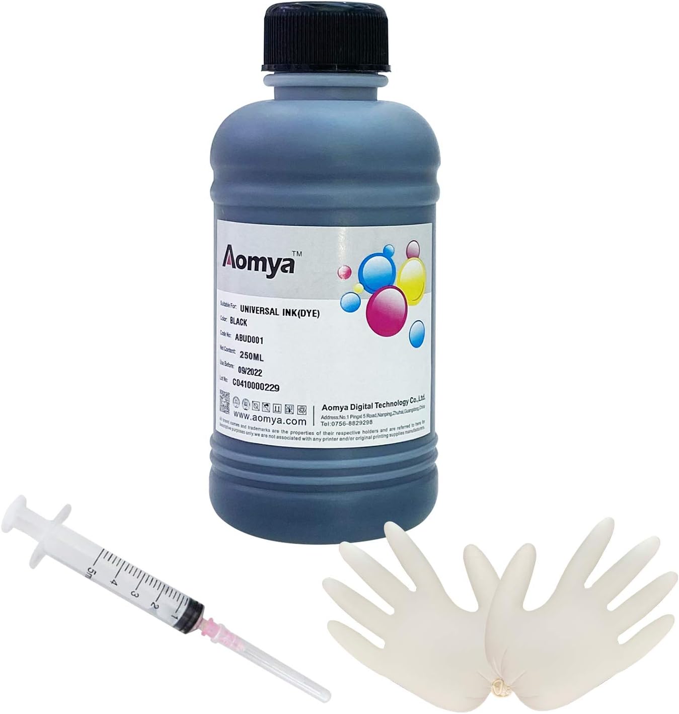 Aomya Ink Refill Kit 250ml Black Universal Dye Bulk Ink for Canon HP Epsn Brother Inkjet Printers Refillable Cartridge CISS CIS System (9 oz) with Syringe&Glove…