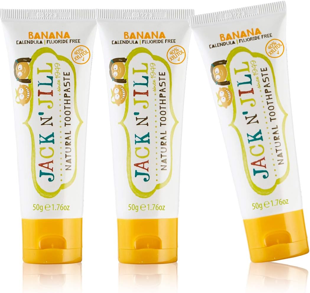 Jack N’ Jill Natural Certified Kids Toothpaste – Fluoride-Free Toddler & Baby Toothpaste with 40% Xylitol, No Sugar, Suitable from 6 Months+, Organic Banana Flavour, Pack of 3 (50g Each)