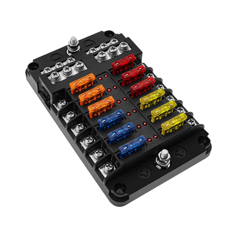 KAOLALI 12V Fuse Box, Blade Fuses Block with Negative Bus 12 way Car Fuse Box Holder with LED Indicator Damp-Proof Cover for 12V Boat Automotive Car Truck Marine Bus RV Van