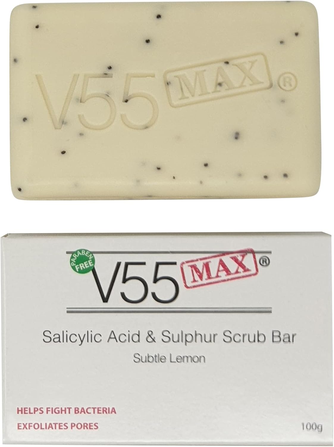 V55 MAX Salicylic Acid, Tea Tree Oil and Sulphur Soap Scrub for Spots Blackheads Milia Blemishes Problem Skin Suitable and Safe for those Prone to Acne - Paraben and Cruelty FREE - 100 g