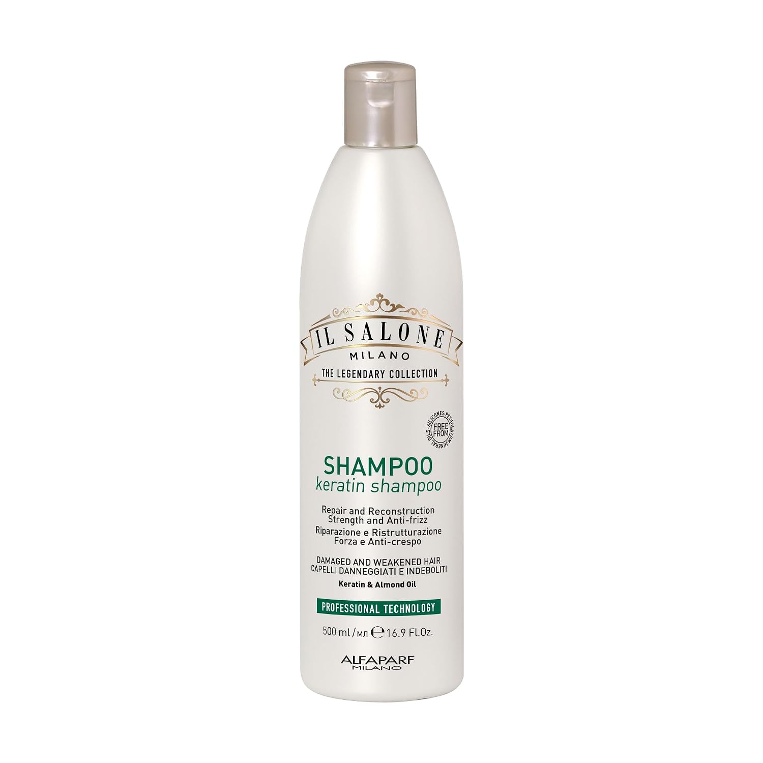 Il Salone Milano Professional Keratin Shampoo for Damaged Hair - Hair Repair Shampoo - Frizz Control - Made with Almond Oil & Vitamin E - Salon Quality Haircare (16.9 oz / 500 ml)