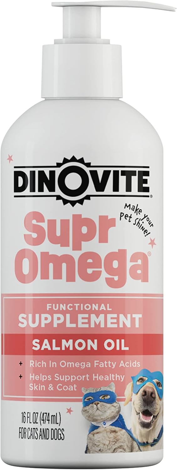 Dinovite SuprOmega Wild Caught Salmon Oil for Dogs & Cats - GMO Free Omega 3 Skin & Coat Supplement - Skin & Coat Meal Topper for Dogs & Cats - 16 oz