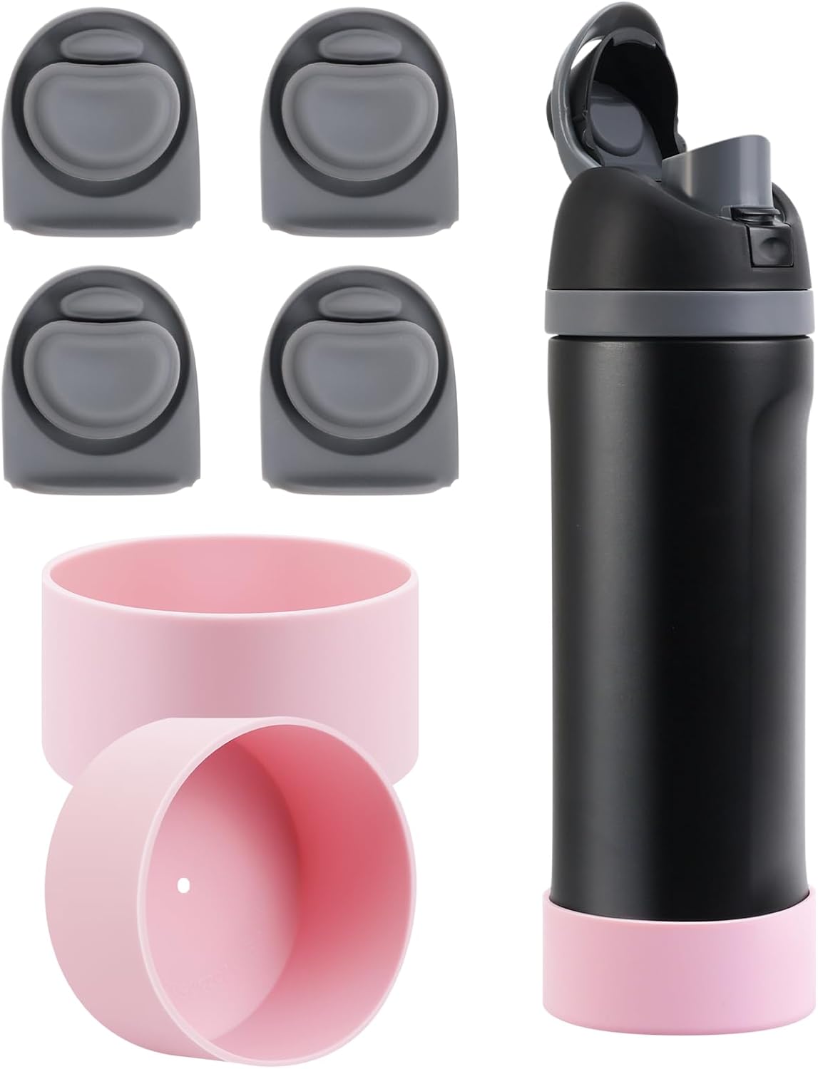 4pcs Replacement Stopper & 2pcs Silicone Water Bottle Boot for Owala FreeSip 24oz, Bottle Cap Mouth Stopper Part Silicone Plug Accessories with Bottom Cover Bumper for Owala 24 Oz, Pink