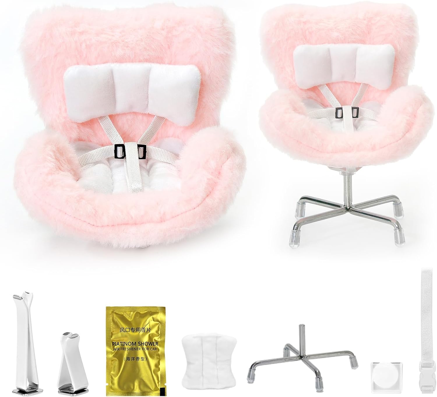 Car Seat for Dolls (10-17cm), Cute Doll Accessory with Soft Furry Cushion, Air Vent Clip & Desktop Stand, Display Sofa for Blind Box Fans & Collectors, Functional Car Ornament (Pink)